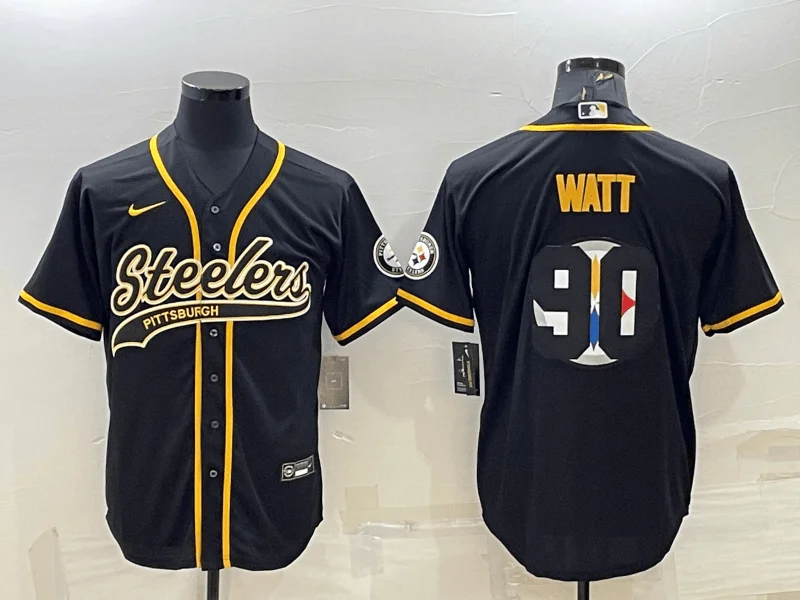 Baseball Jersey For Special Edition Players-Men's Pittsburgh Steelers #90 TJ Watt Black Team Big Logo With Patch Cool Base Stitched Baseball Jersey