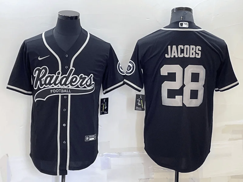 Baseball Jersey For High School Fan Gear-Men's Las Vegas Raiders #28 Josh Jacobs Black Stitched Cool Base Baseball Jersey