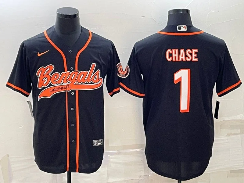 Baseball Jersey For Sports Event Apparel-Men's Cincinnati Bengals #1 Ja'Marr Chase Black With Patch Cool Base Stitched Baseball Jersey