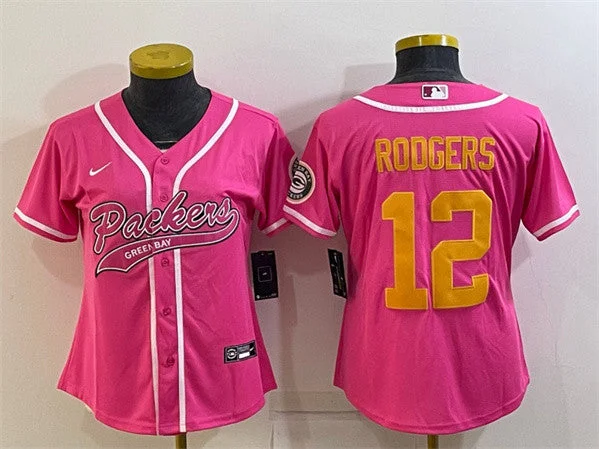 Baseball Jersey For Event Marketing Merchandise-Women's Green Bay Packers #12 Aaron Rodgers Pink Gold With Patch Cool Base Stitched Baseball Jersey(Run Small)