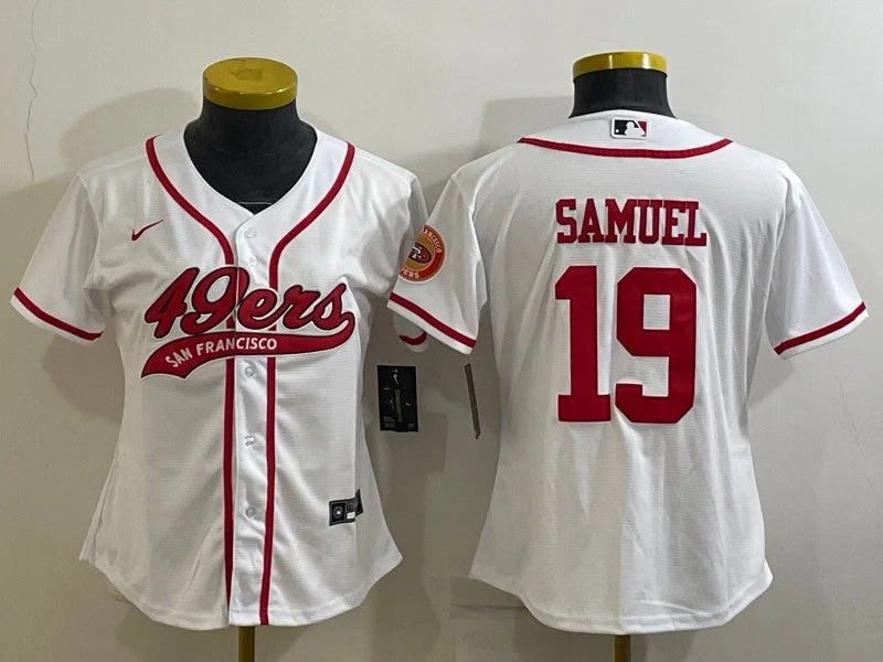 Baseball Jersey For Personalized Youth Apparel-Women's San Francisco 49ers #19 Deebo Samuel White With Patch Cool Base Stitched Baseball Jersey(Run Small)