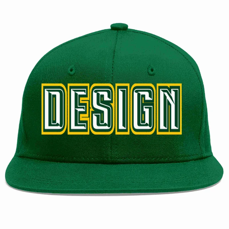 Baseball Cap For Custom Logos-Custom Green White-Kelly Green Flat Eaves Sport Baseball Cap Design for Men/Women/Youth