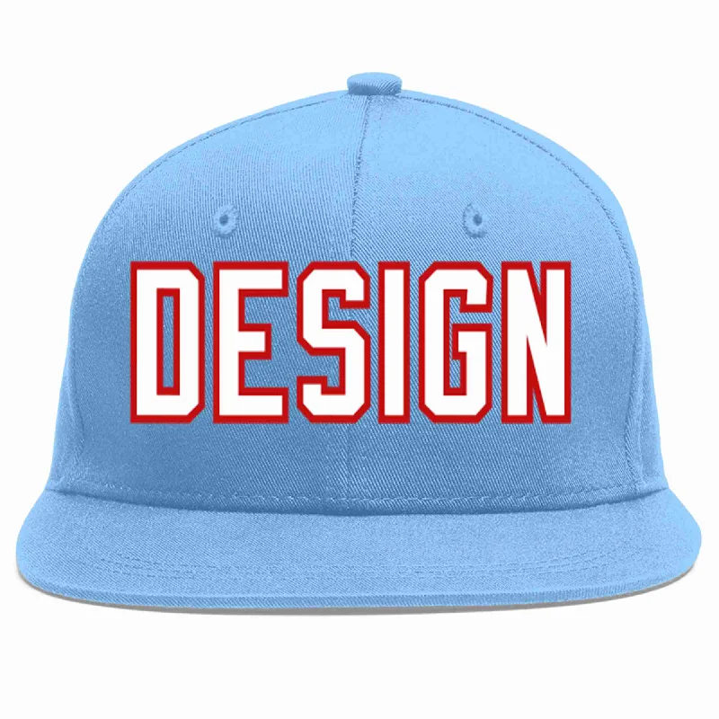 Baseball Cap For Softball And Baseball Teams-Custom Light Blue White-Red Flat Eaves Sport Baseball Cap Design for Men/Women/Youth