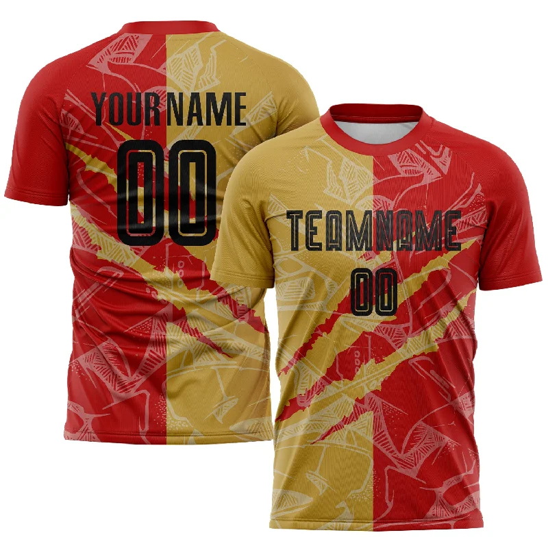 Football Jersey For Custom Fan Apparel Sales-Custom Graffiti Pattern Black Red-Old Gold Scratch Sublimation Soccer Uniform Jersey