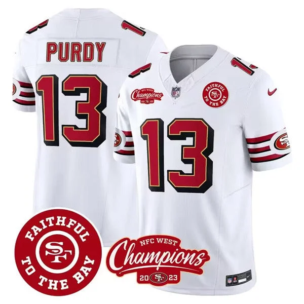 Football Jersey For Football Fans Merchandise-Men's San Francisco 49ers #13 Brock Purdy White 2023 F.U.S.E. Faithful To The Bay And NFC West Champions Patch Football Stitched Jersey