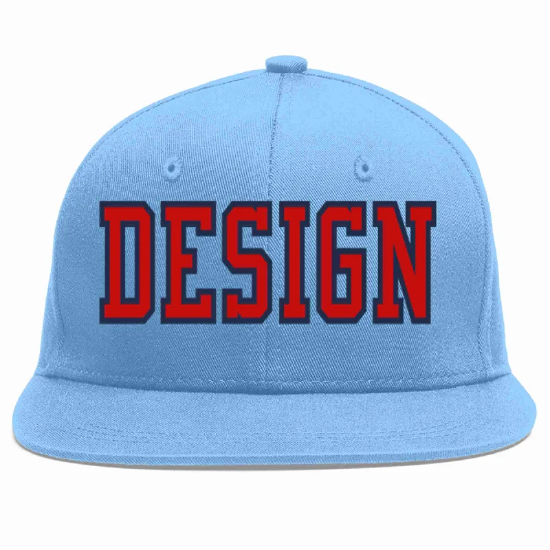 Baseball Cap For College Sports-Custom Light Blue Red-Navy Flat Eaves Sport Baseball Cap Design for Men/Women/Youth