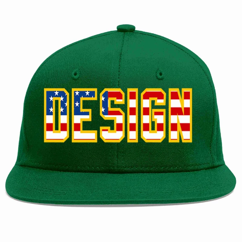 Baseball Cap For Coaches-Custom Green Vintage USA Flag-Gold Flat Eaves Sport Baseball Cap Design for Men/Women/Youth