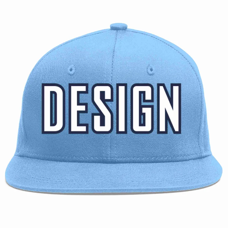 Baseball Cap For Competitive Events-Custom Light Blue White-Navy Flat Eaves Sport Baseball Cap Design for Men/Women/Youth