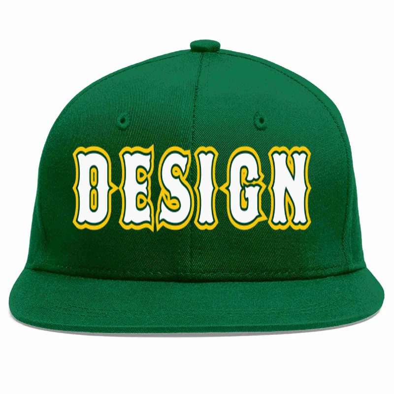 Baseball Cap For Youth Sports Apparel-Custom Green White-Kelly Green Flat Eaves Sport Baseball Cap Design for Men/Women/Youth