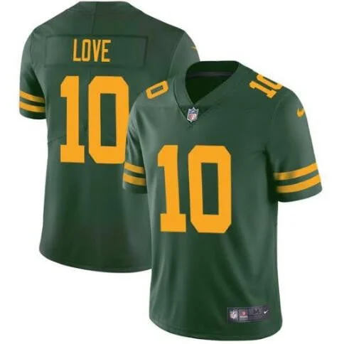 Football Jersey For College Fan Gear-Men's Green Bay Packers #10 Jordan Love Green Color Rush Vapor Limited Football Stitched Jersey