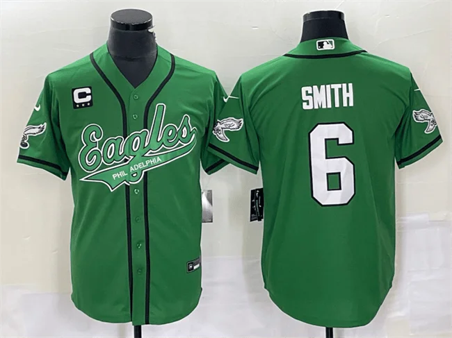 Baseball Jersey For Major League Teams-Men's Philadelphia Eagles #6 DeVonta Smith Green With C Patch Cool Base Stitched Baseball Jersey