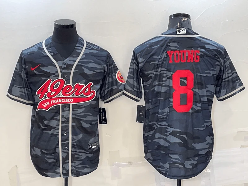 Baseball Jersey For Softball And Baseball Fans-Men's San Francisco 49ers #8 Steve Young Grey Camo With Patch Cool Base Stitched Baseball Jersey