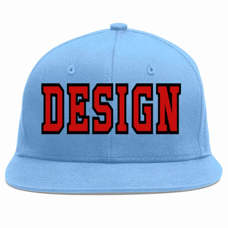 Baseball Cap For Sports Merchandising-Custom Light Blue Red-Black Flat Eaves Sport Baseball Cap Design for Men/Women/Youth