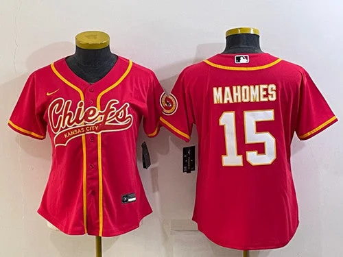 Baseball Jersey For Youth Teams And Leagues-Women's Kansas City Chiefs #15 Patrick Mahomes Red With Patch Cool Base Stitched Baseball Jersey(Run Small)