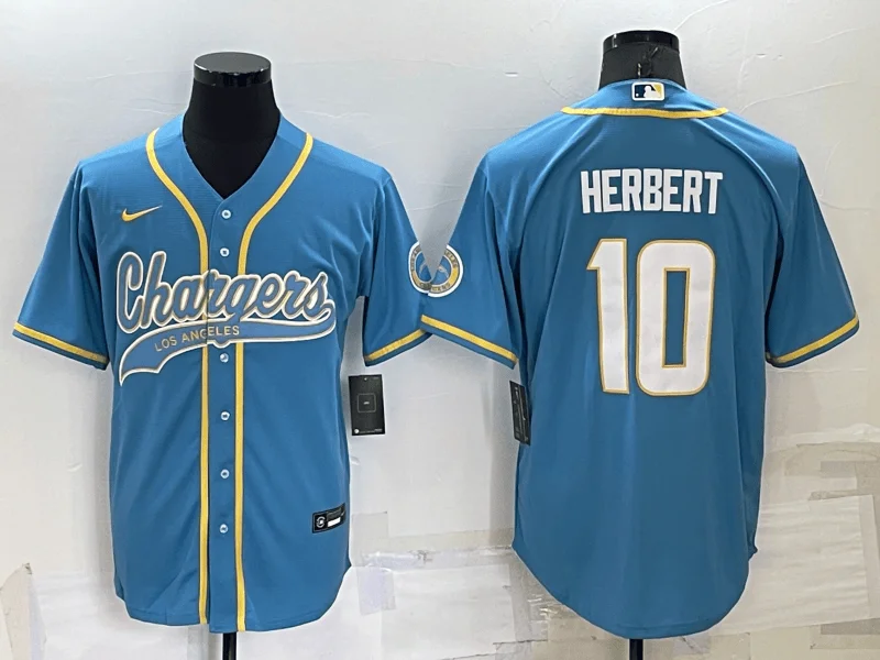 Baseball Jersey For All Ages-Men's Los Angeles Chargers #10 Justin Herbert Light Blue Stitched Cool Base Baseball Jersey