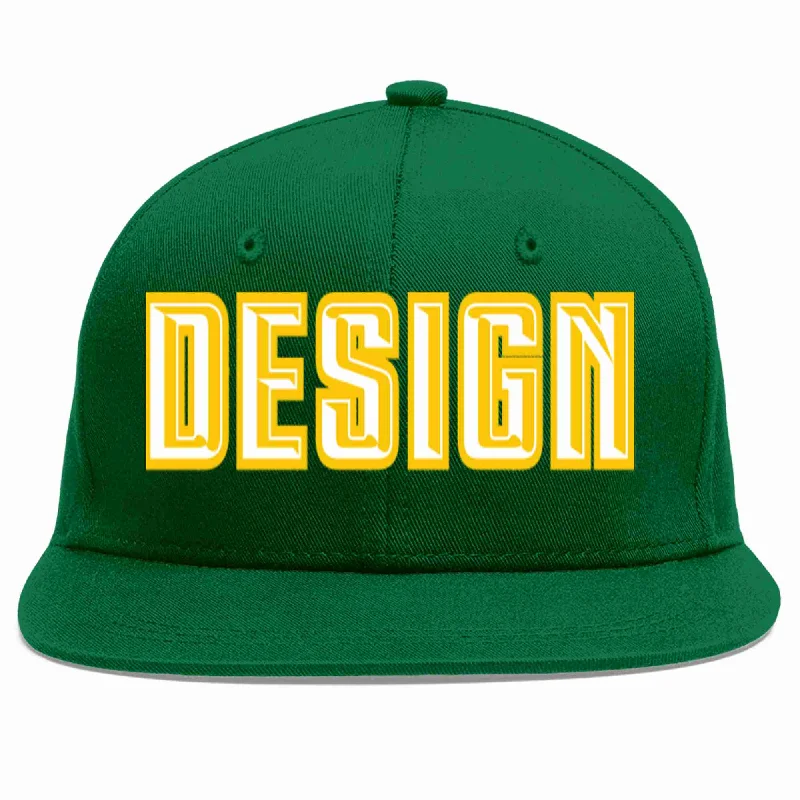 Baseball Cap For Special Occasion Gifts-Custom Green White-Gold Flat Eaves Sport Baseball Cap Design for Men/Women/Youth