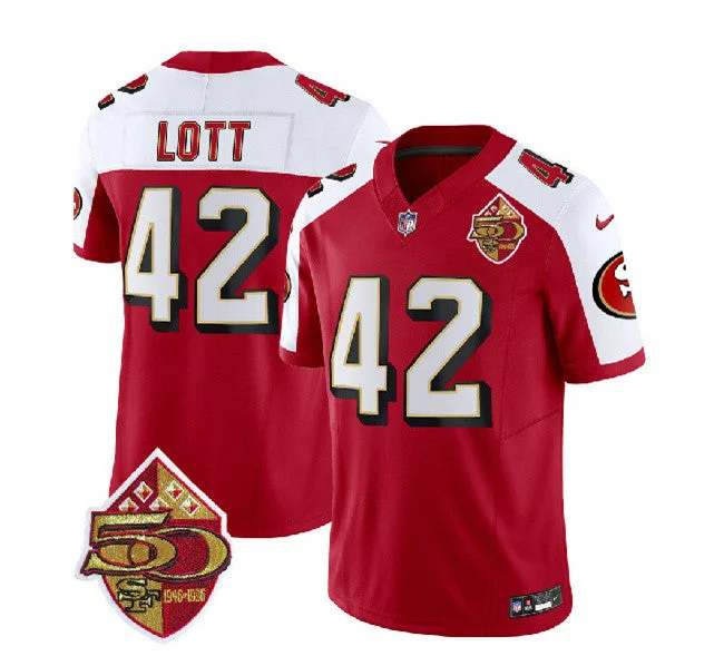 Football Jersey For Special Editions-Men's San Francisco 49ers #42 Ronnie Lott Red/White 2023 F.U.S.E. 50th Patch Throwback Football Stitched Jersey