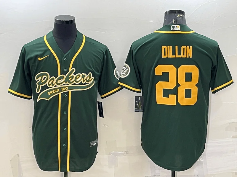 Baseball Jersey For Alumni Events-Men's Green Bay Packers #28 AJ Dillon Green Yellow With Patch Cool Base Stitched Baseball Jersey