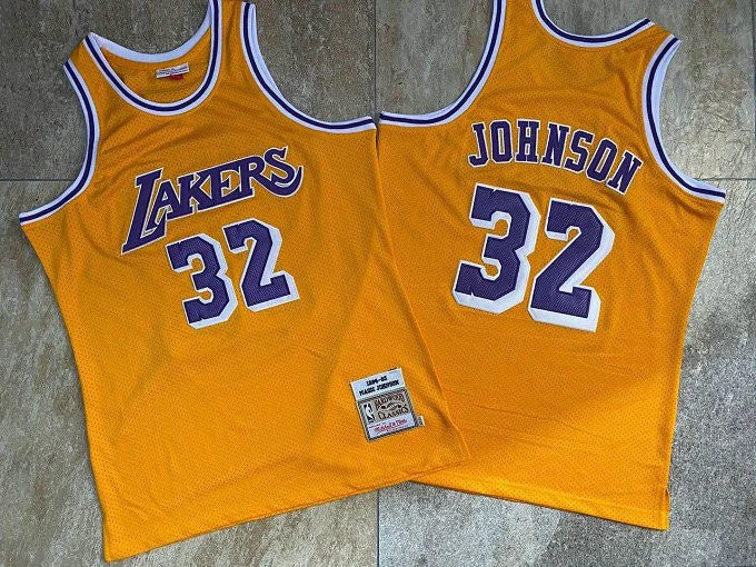 Basketball Jersey For Fan Merchandise-Lakers 32 Magic Johnson Yellow 1984-85 Hardwood Classics Basketball Jersey