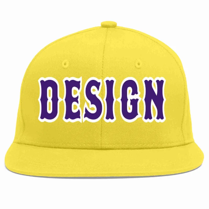 Baseball Cap For Custom Text Designs-Custom Light Gold purple-White Flat Eaves Sport Baseball Cap Design for Men/Women/Youth