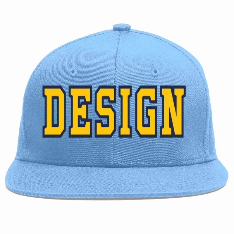 Baseball Cap For Custom Player Orders-Custom Light Blue Gold-Navy Flat Eaves Sport Baseball Cap Design for Men/Women/Youth