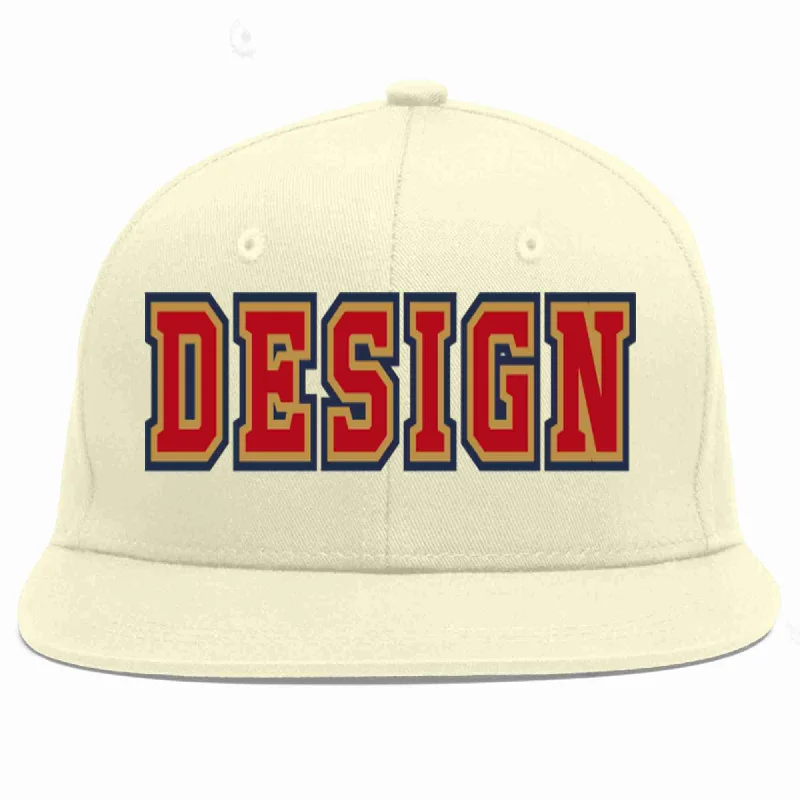 Baseball Cap For Supportive Teams-Custom Cream Red-Old Gold Flat Eaves Sport Baseball Cap Design for Men/Women/Youth