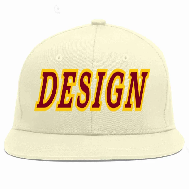 Baseball Cap With Custom Name And Number-Custom Cream Crimson-Gold Flat Eaves Sport Baseball Cap Design for Men/Women/Youth