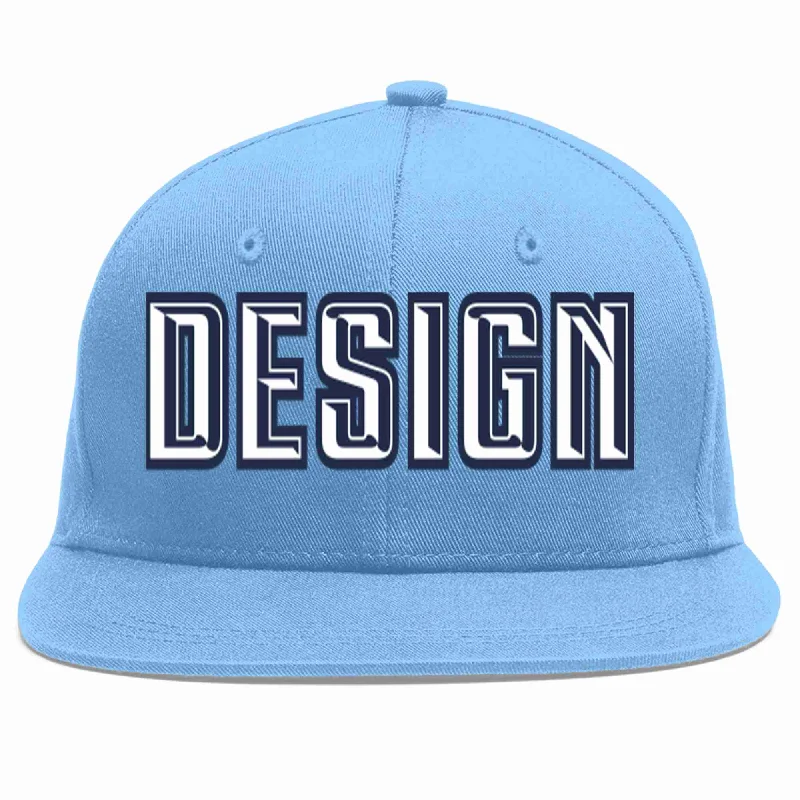 Baseball Cap With Custom Graphics-Custom Light Blue White-Navy Flat Eaves Sport Baseball Cap Design for Men/Women/Youth