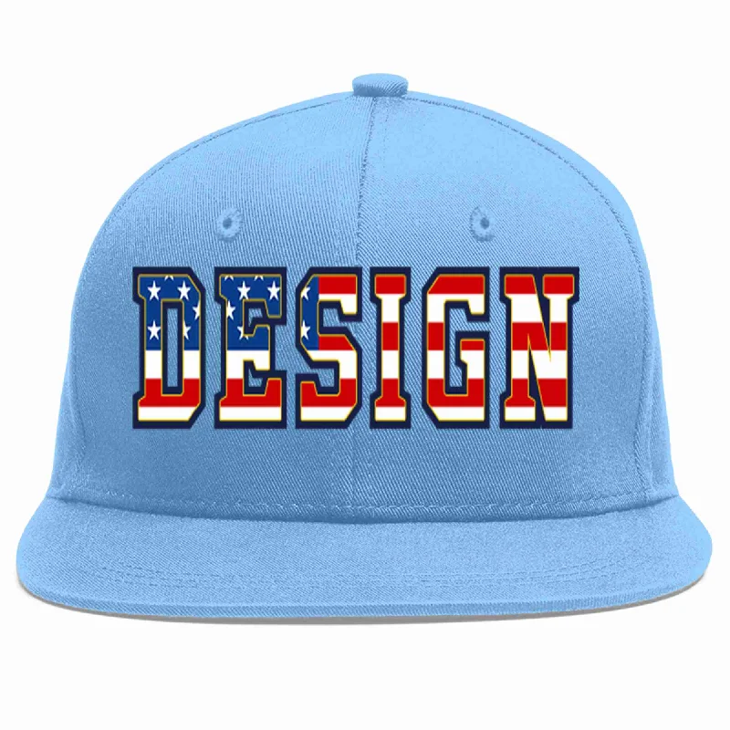 Baseball Cap With Team Spirit Designs-Custom Light Blue Vintage USA Flag-Gold Flat Eaves Sport Baseball Cap Design for Men/Women/Youth