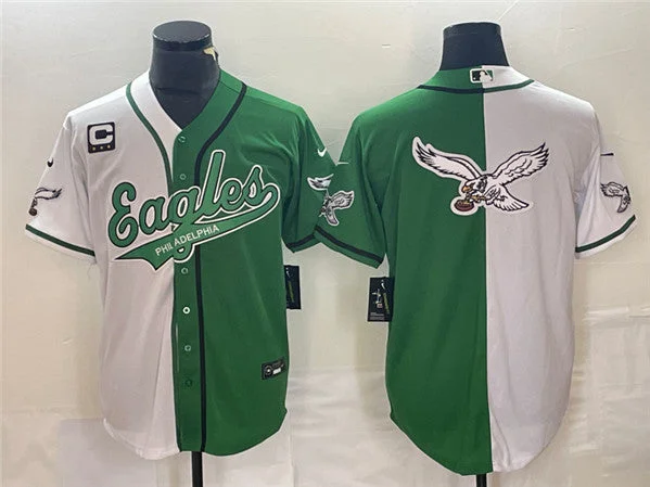 Baseball Jersey With Personalized Patches-Men's Philadelphia Eagles Green/White Split Team Big Logo With 3-star C Patch Cool Base Stitched Baseball Jersey