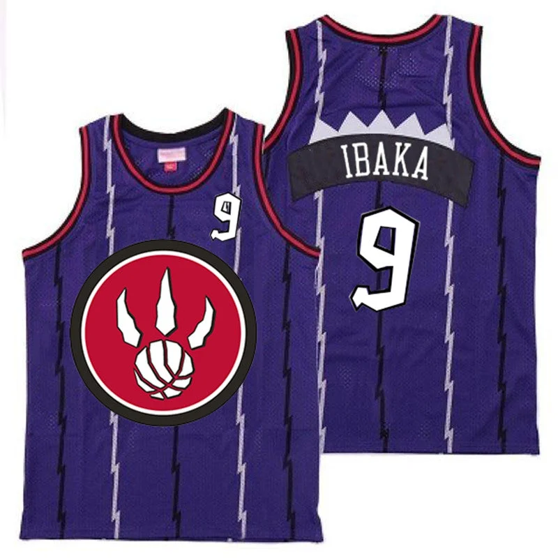 Basketball Jersey For Youth Fan Apparel-Raptors 9 Serge Ibaka Purple Red Big Logo Retro Basketball Jersey