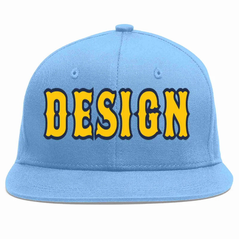 Baseball Cap For Online Custom Orders-Custom Light Blue Gold-Navy Flat Eaves Sport Baseball Cap Design for Men/Women/Youth