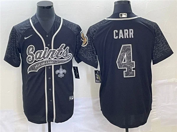 Baseball Jersey For College Fans-Men's New Orleans Saints #4 Derek Carr Black Reflective With Patch Cool Base Stitched Baseball Jersey