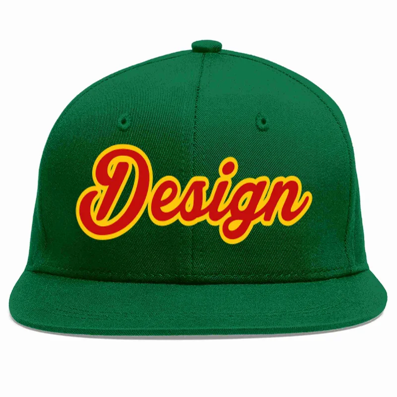 Baseball Cap For Tournament Winners-Custom Green Red-Yellow Flat Eaves Sport Baseball Cap Design for Men/Women/Youth