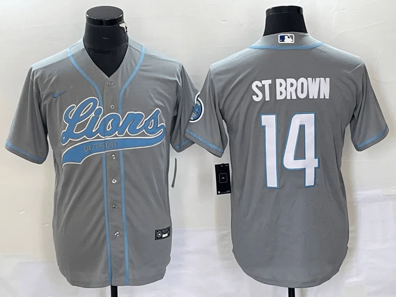 Baseball Jersey For Alumni Events-Men's Detroit Lions #14 Amon Ra St Brown Grey With Patch Cool Base Stitched Baseball Jersey