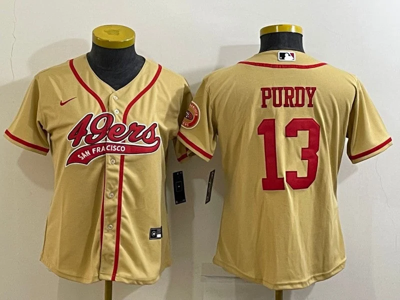 Baseball Jersey For Game Day Gear-Women's San Francisco 49ers #13 Brock Purdy Gold With Patch Cool Base Stitched Baseball Jersey(Run Small)