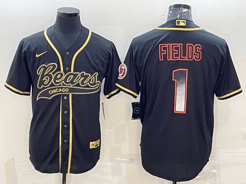 Baseball Jersey With Custom Graphics-Men's Chicago Bears #1 Justin Fields Black Gold With Patch Cool Base Stitched Baseball Jersey