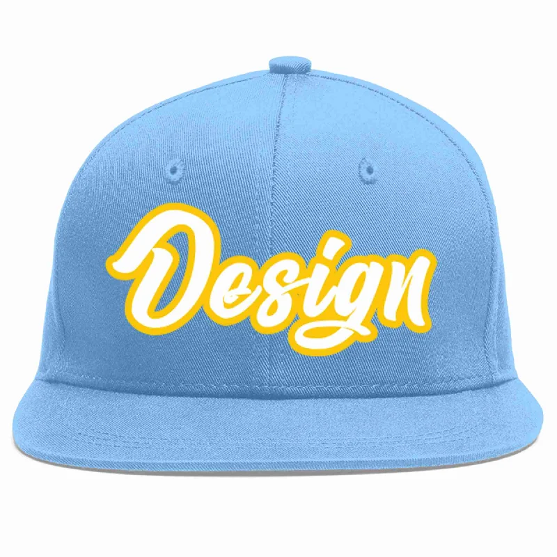 Baseball Cap For Team Merchandise-Custom Light Blue White-Gold Flat Eaves Sport Baseball Cap Design for Men/Women/Youth