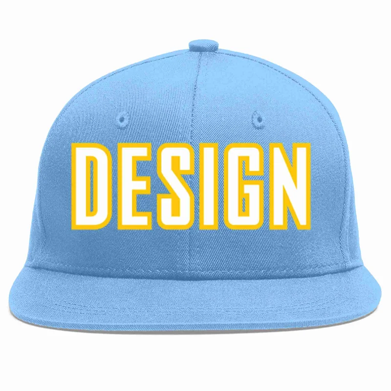 Baseball Cap For Supporter Gifts-Custom Light Blue White-Gold Flat Eaves Sport Baseball Cap Design for Men/Women/Youth