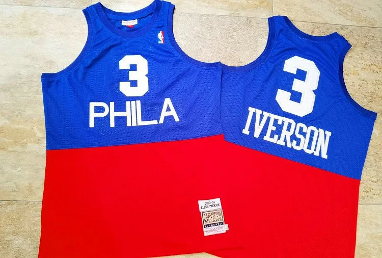 Basketball Jersey For Youth Sports Apparel-76ers 3 Allen Iverson Blue Red 2003-04 Hardwood Classics Swingman Basketball Jersey