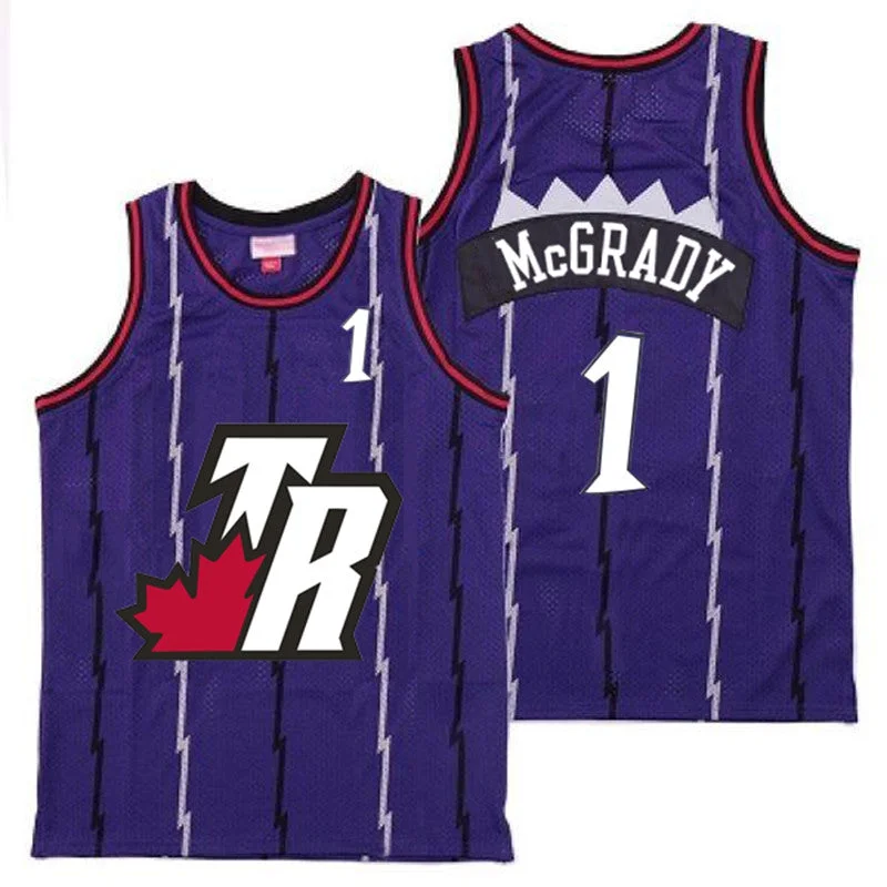 Basketball Jersey For Supporters Of Custom Teams-Raptors 1 Tracy McGrady Purple Big White TR Logo Retro Basketball Jersey