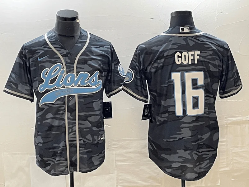 Baseball Jersey For High School Teams-Men's Detroit Lions #16 Jared Goff Grey Camo With Patch Cool Base Stitched Baseball Jersey