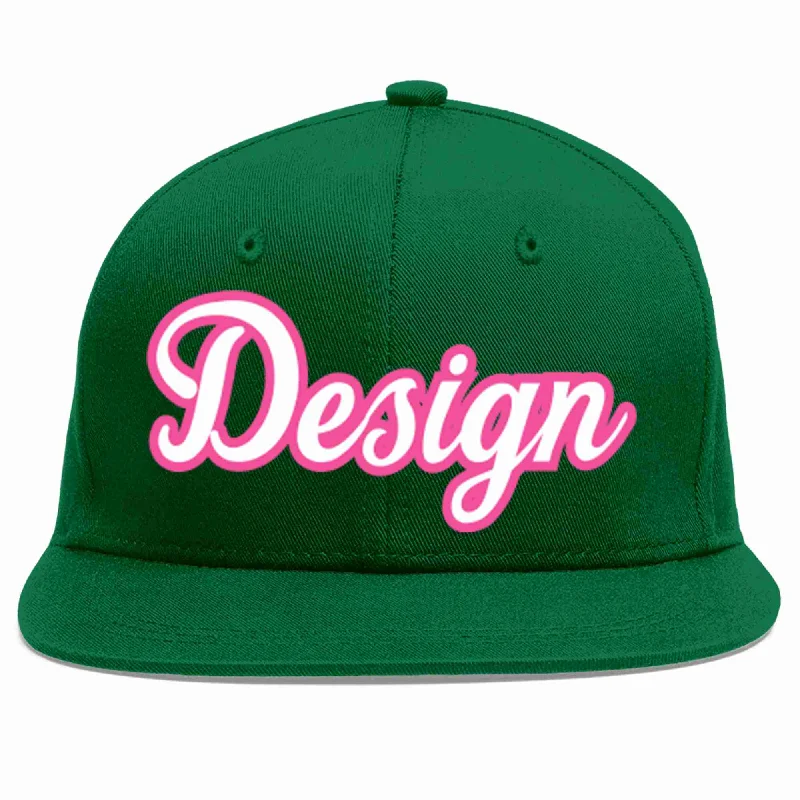 Baseball Cap For Team Merchandise-Custom Green White-Pink Flat Eaves Sport Baseball Cap Design for Men/Women/Youth