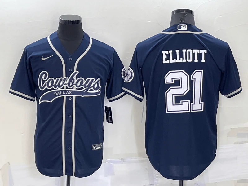 Baseball Jersey With Special Fan Designs-Men's Dallas Cowboys #21 Ezekiel Elliott Navy Blue Stitched Cool Base Baseball Jersey