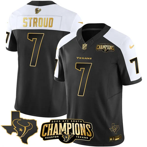 Football Jersey For Fan Club Orders-Men's Houston Texans #7 C.J. Stroud Black/White Golden 2023 F.U.S.E. With AFC South Champions Patch And Team Logo Patch Limited Football Stitched Jersey