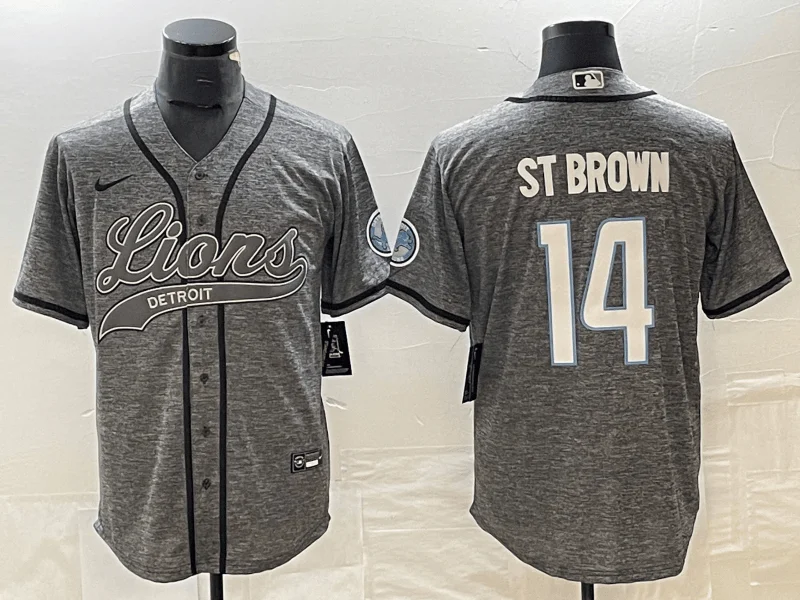 Baseball Jersey For Family And Friends Gifts-Men's Detroit Lions #14 Amon Ra St Brown Grey Gridiron With Patch Cool Base Stitched Baseball Jersey