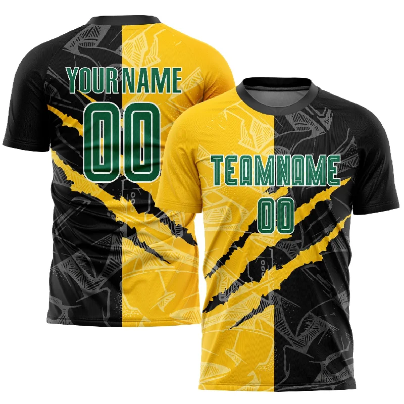 Football Jersey With Player Names And Numbers-Custom Graffiti Pattern Kelly Green Black-Yellow Scratch Sublimation Soccer Uniform Jersey