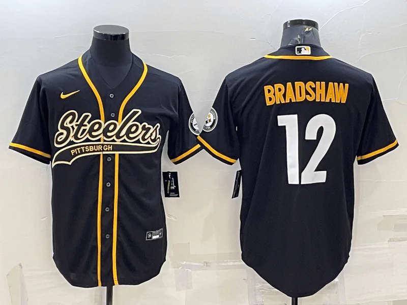 Baseball Jersey With Custom School Names-Men's Pittsburgh Steelers #12 Terry Bradshaw Black With Patch Cool Base Stitched Baseball Jersey