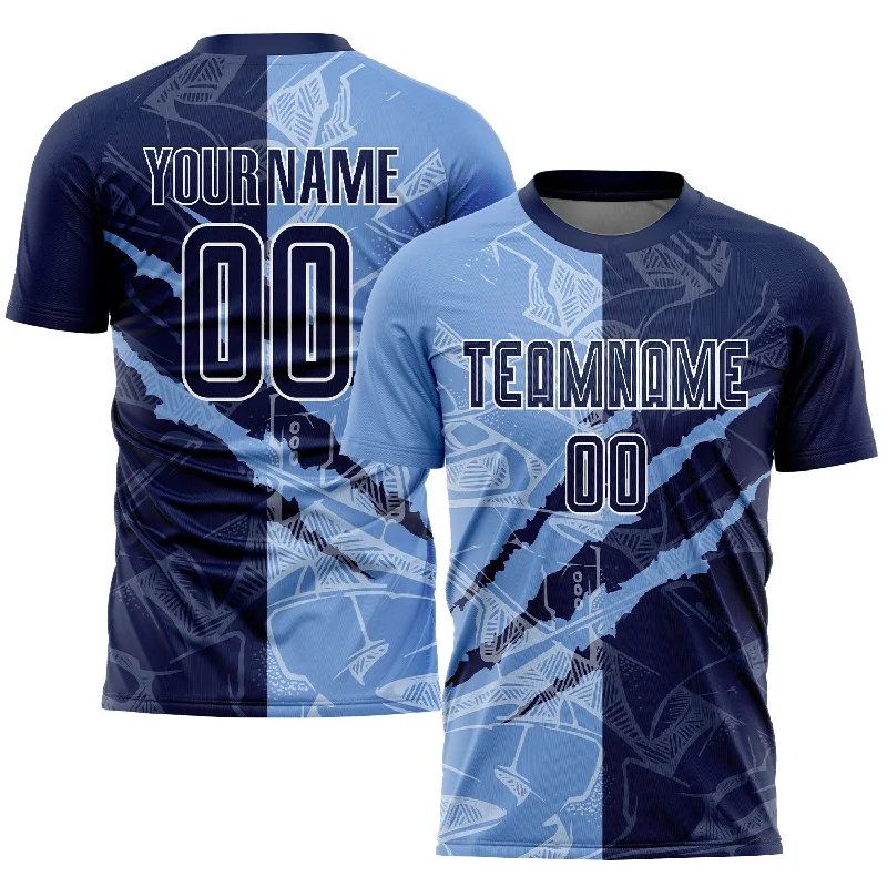 Football Jersey For Team Uniforms-Custom Graffiti Pattern Navy-Light Blue Scratch Sublimation Soccer Uniform Jersey