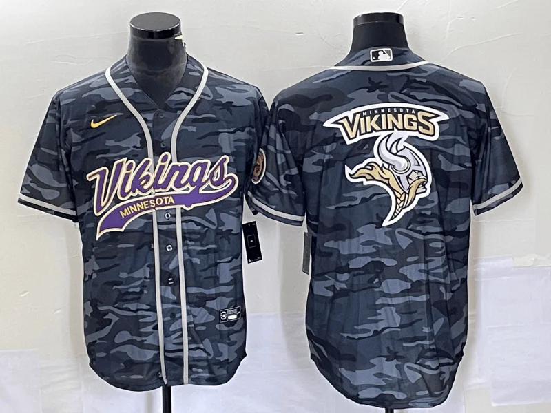 Baseball Jersey For Custom Fan Team Gear-Men's Minnesota Vikings Gray Camo Team Big Logo Cool Base Stitched Baseball Jersey